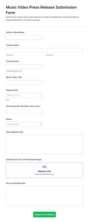 Music Video Press Release Submission Form Template