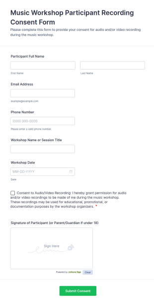 Music Workshop Participant Recording Consent Form Template
