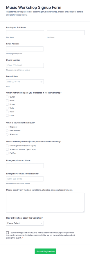 Music Workshop Signup Form Template