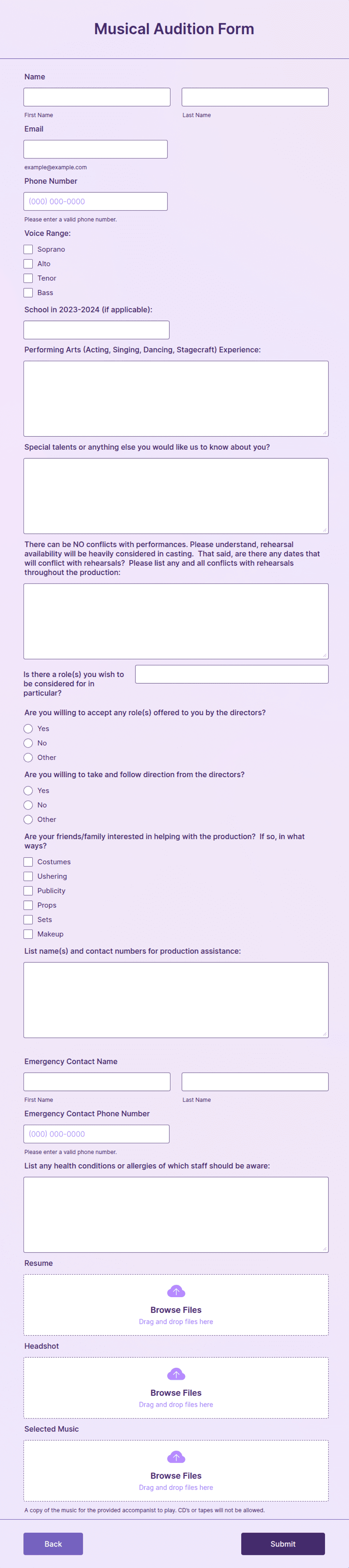 Singer Application Form Musical Audition Form Template | Jotform