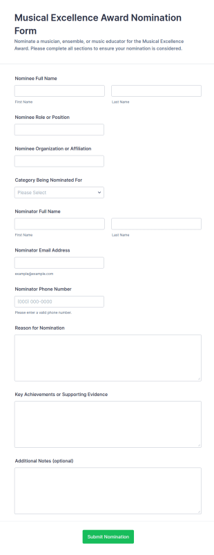 Musical Excellence Award Nomination Form Template