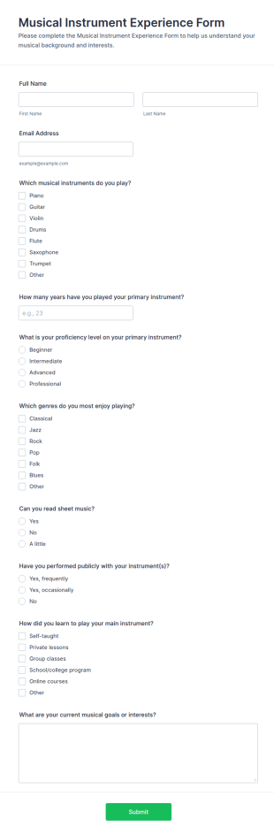 Musical Instrument Experience Form Template