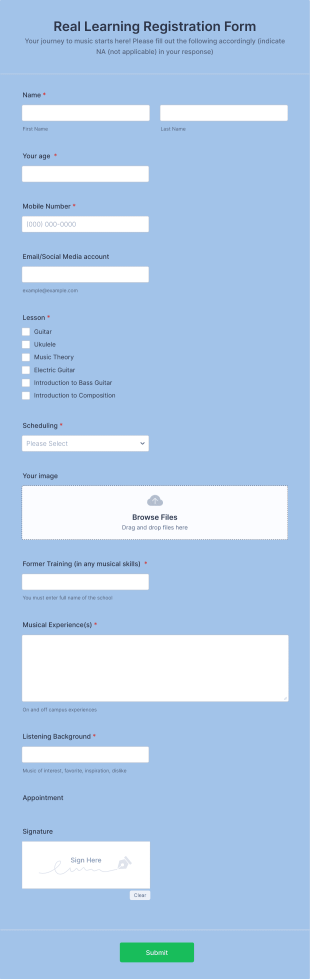 Musical Training Application Form Template