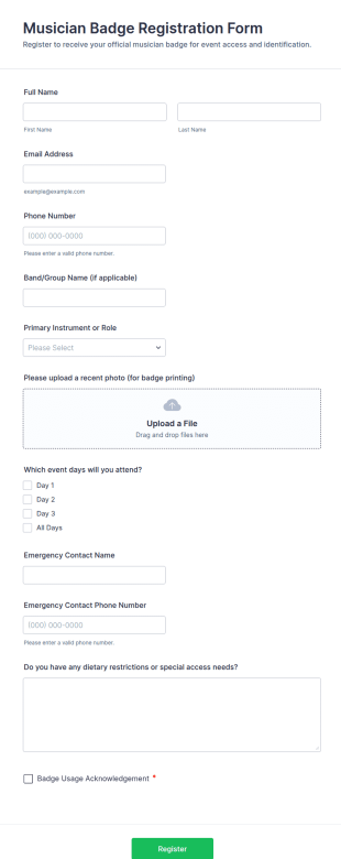 Musician Badge Registration Form Template