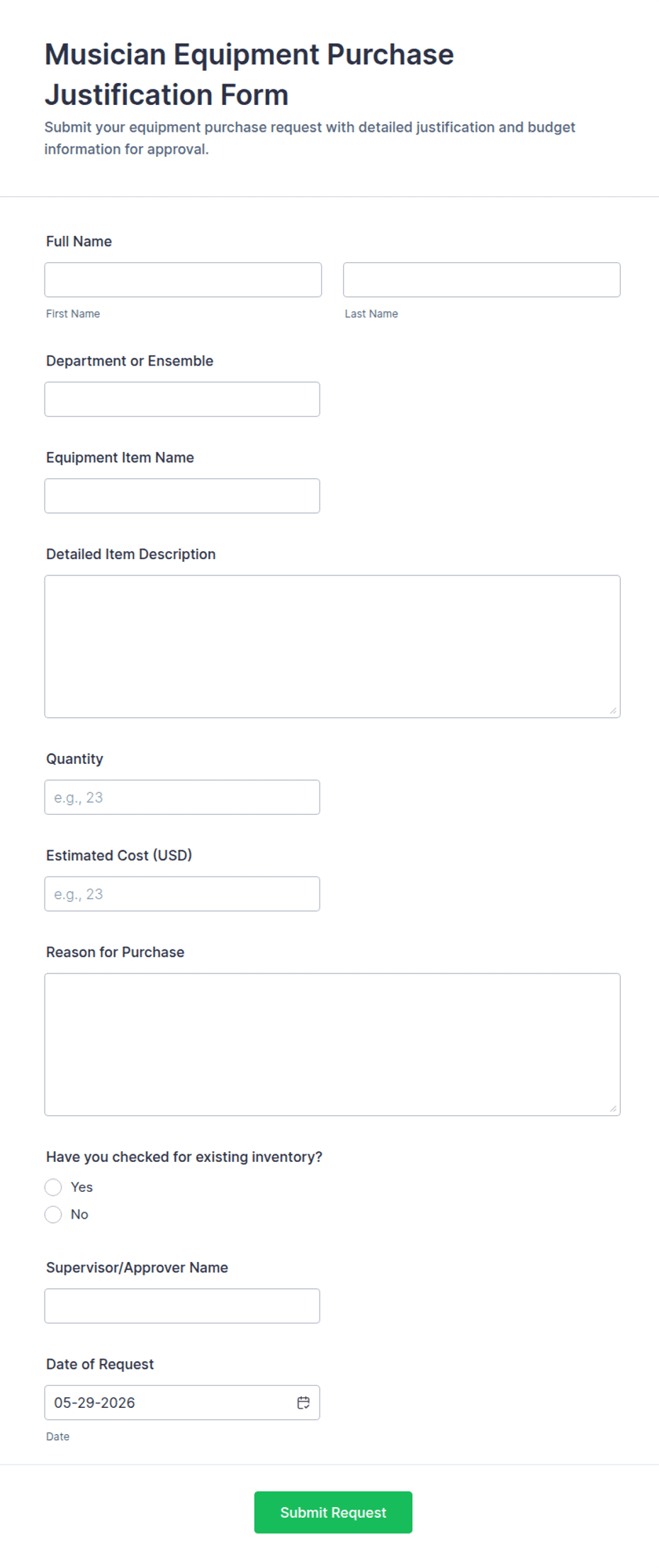 Musician Equipment Purchase Justification Form Template | Jotform