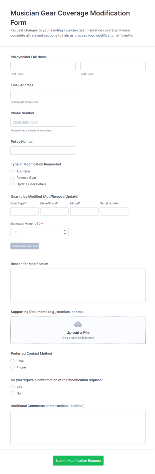 Musician Gear Coverage Modification Form Template