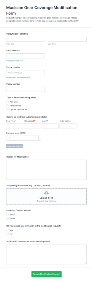 Musician Gear Coverage Modification Form Template