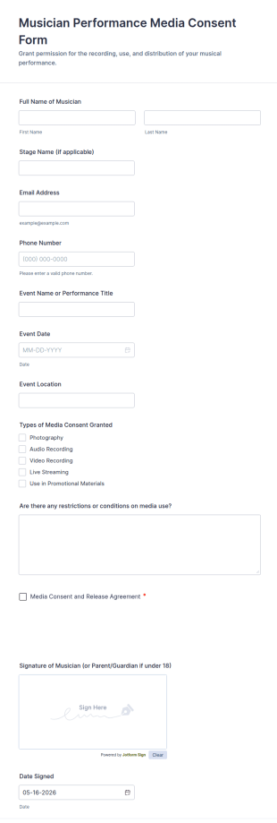 Musician Performance Media Consent Form Template