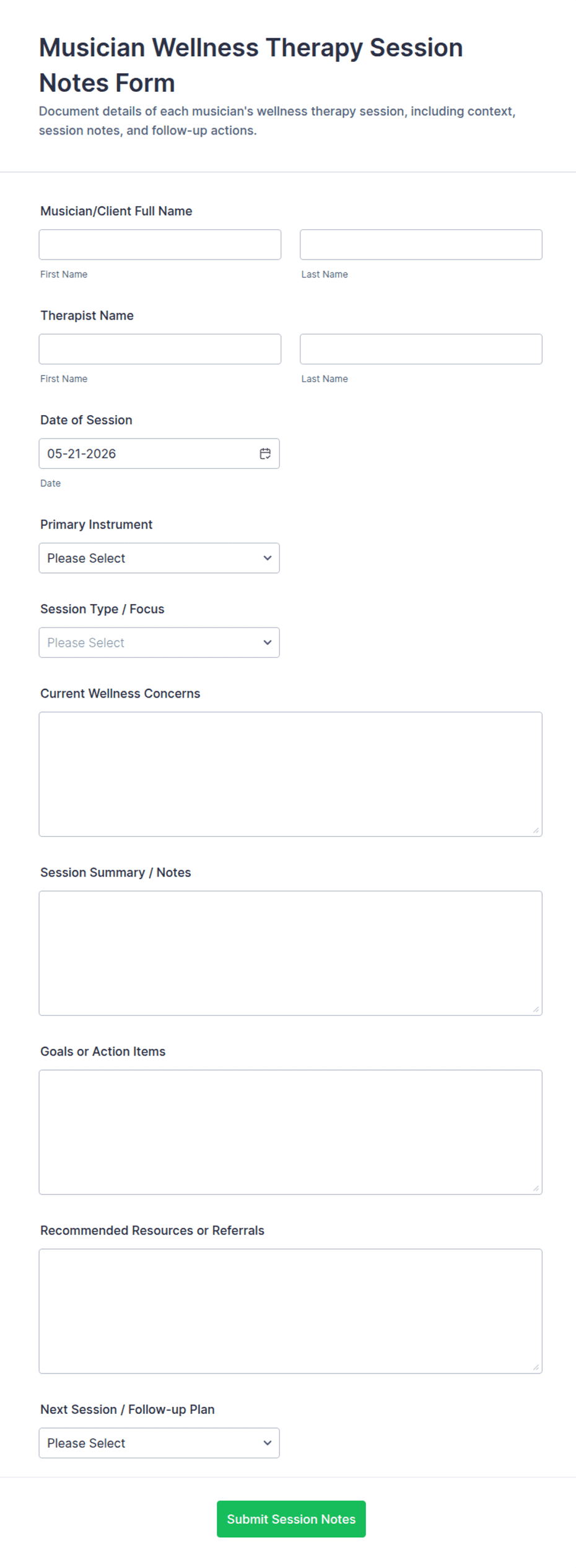 Musician Wellness Therapy Session Notes Form Template | Jotform