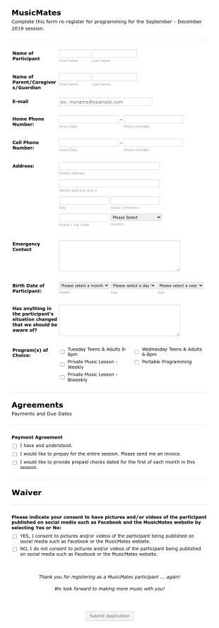 MusicMates Returning Participant Registration Form September December 2019 Form Template