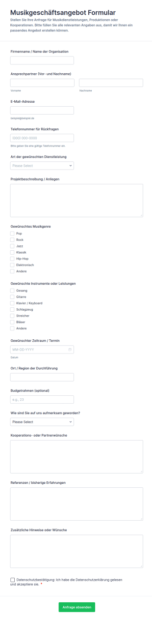 Musikgeschäftsangebot Formular