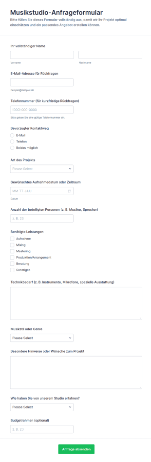 Musikstudio Anfrageformular