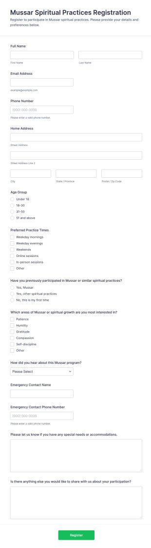 Mussar Spiritual Practices Registration Form Template