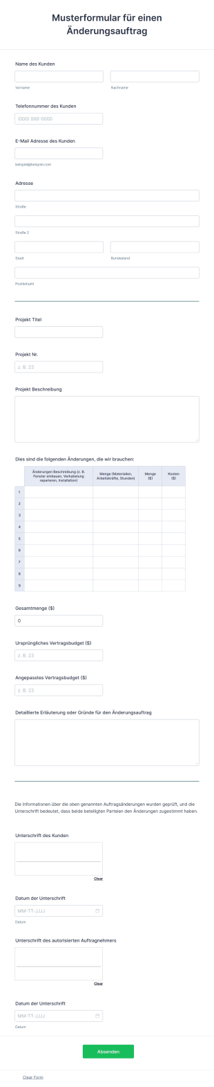 Musterformular Für Einen Änderungsauftrag Form Template