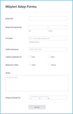 Müşteri Adayı Oluşturma Form Şablonu