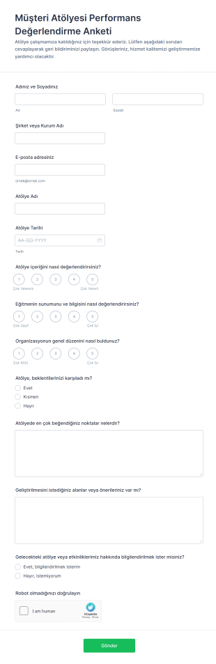 Müşteri Atölyesi Performans Değerlendirme Anketi Form Şablonu