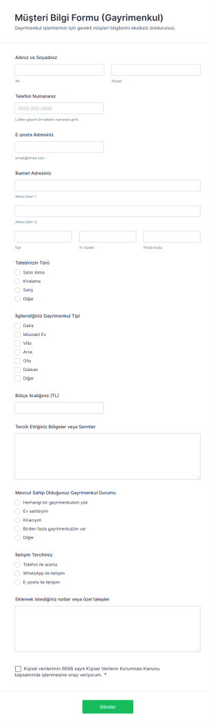 Müşteri Bilgi Formu (Gayrimenkul) Form Şablonu