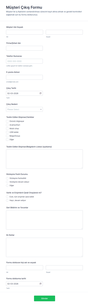 Müşteri Çıkış Form Şablonu