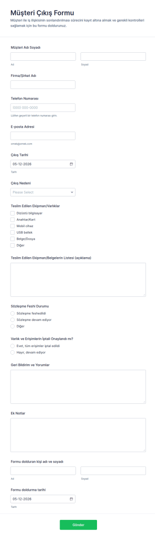 Müşteri Çıkış Form Şablonu