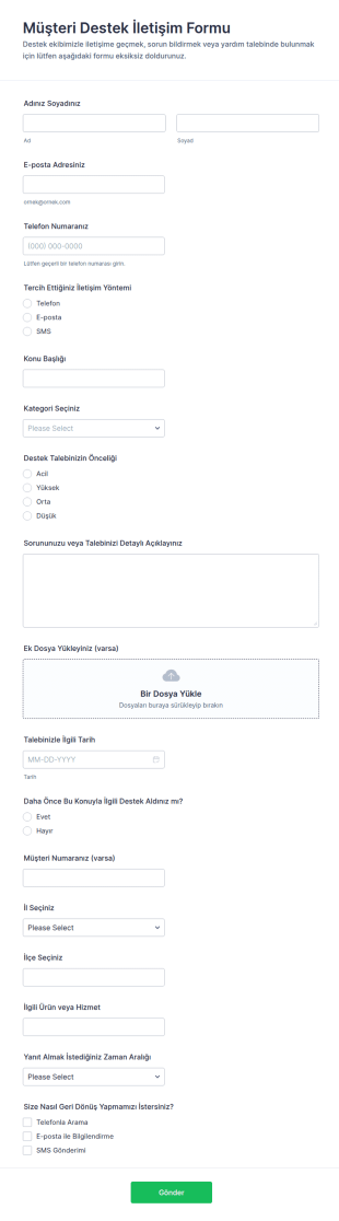 Müşteri Destek İletişim Form Şablonu