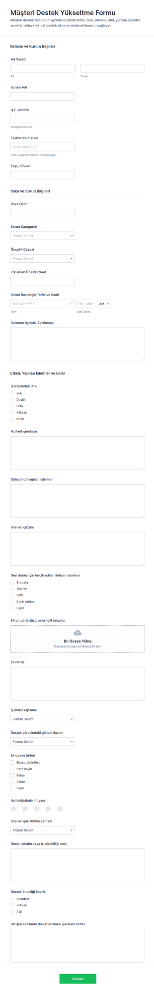 Müşteri Destek Yükseltme Form Şablonu