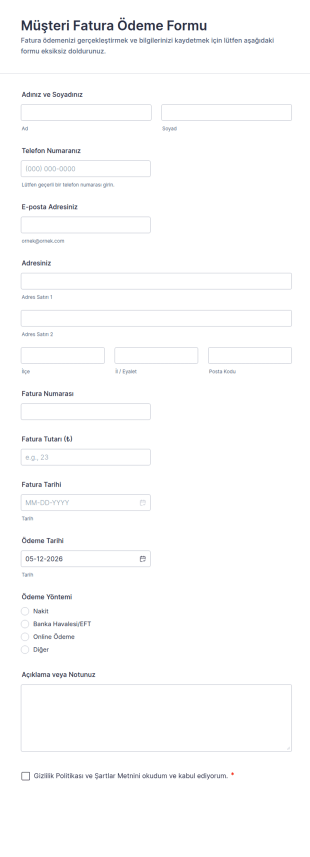 Müşteri Fatura Ödeme Form Şablonu