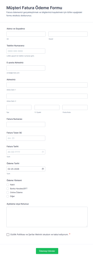 Müşteri Fatura Ödeme Form Şablonu