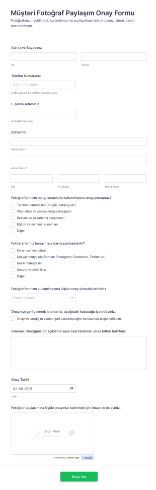 Müşteri Fotoğraf Paylaşım Onay Form Şablonu