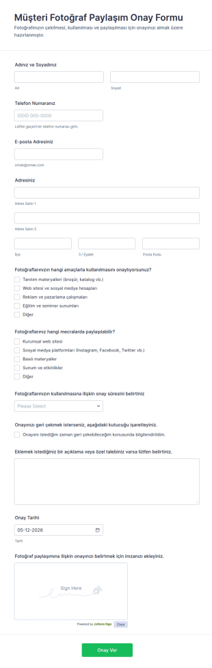 Müşteri Fotoğraf Paylaşım Onay Form Şablonu