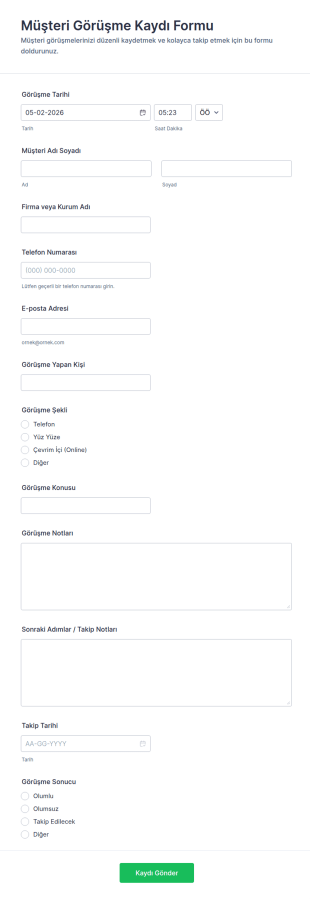 Müşteri Görüşme Günlüğü Anketi Form Şablonu