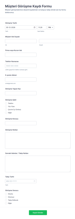 Müşteri Görüşme Günlüğü Anketi Form Şablonu