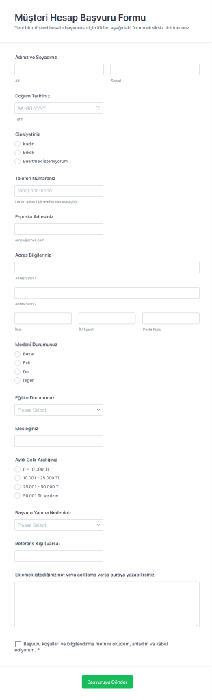 Müşteri Hesap Başvuru Form Template