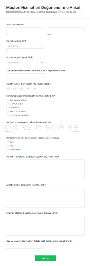 Müşteri Hizmetleri Değerlendirme Anketi Form Şablonu