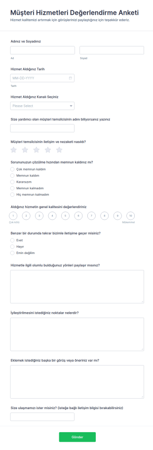 Müşteri Hizmetleri Değerlendirme Anketi Form Şablonu