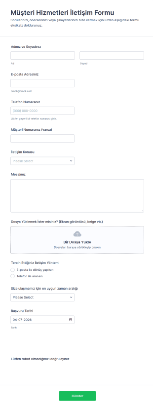 Müşteri Hizmetleri İletişim Form Şablonu