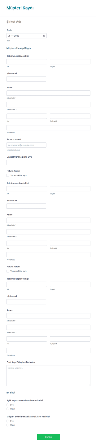 Müşteri Kaydı Form Şablonu