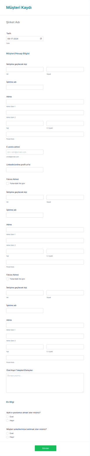 Müşteri Kaydı Form Şablonu
