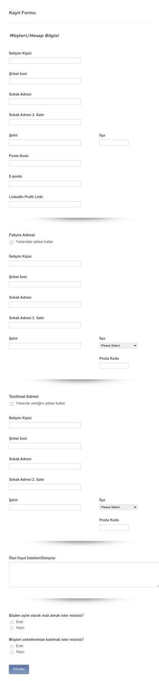 Müşteri Kayıt Form Şablonu