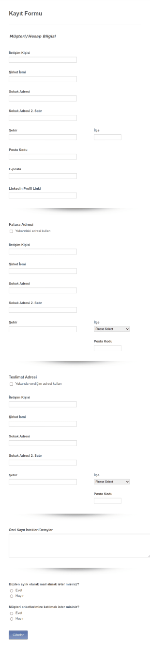 Müşteri Kayıt Form Template