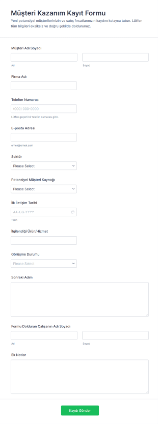 Müşteri Kazanım Kayıt Form Şablonu
