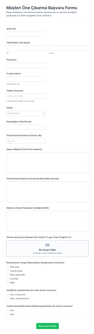 Müşteri Öne Çıkarma Başvuru Form Şablonu