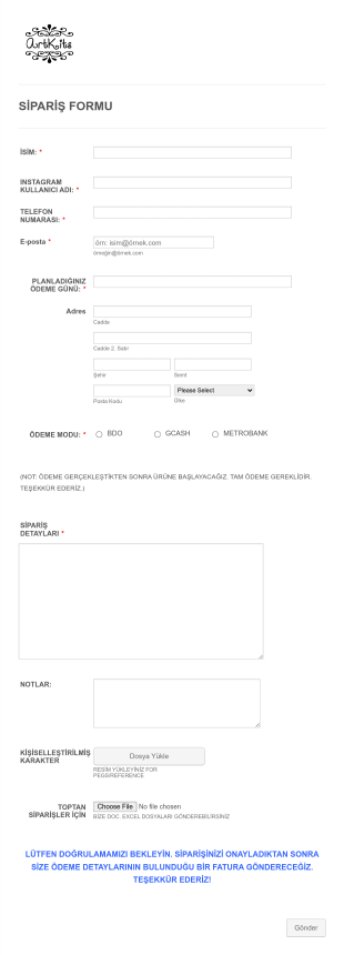Müşteri Sipariş Form Template