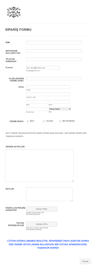 Müşteri Sipariş Form Şablonu