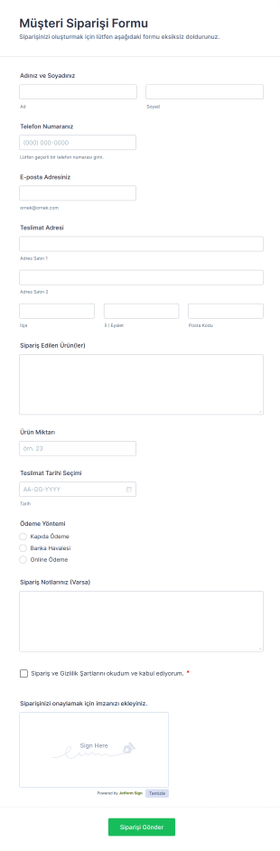 Müşteri Siparişi Form Şablonu