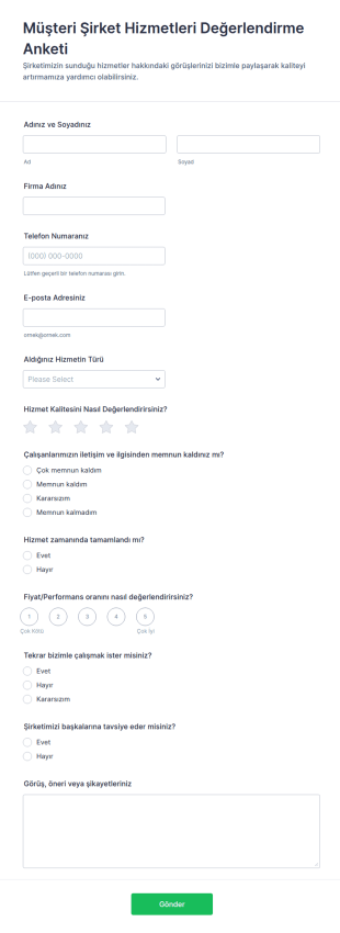 Müşteri Şirket Hizmetleri Değerlendirme Anketi Form Şablonu