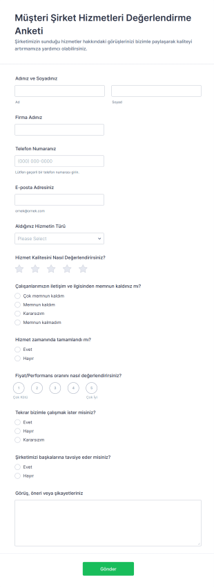 Müşteri Şirket Hizmetleri Değerlendirme Anketi Form Şablonu