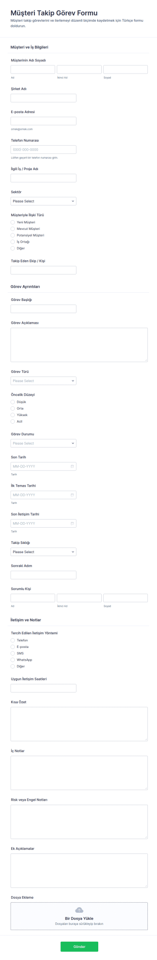 Müşteri Takip Görev Form Şablonu