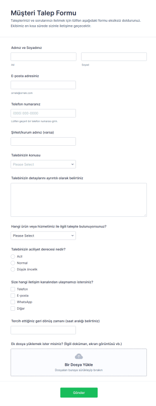 Müşteri Talep Form Şablonu