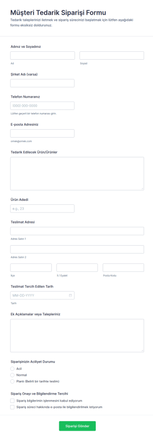 Müşteri Tedarik Siparişi Form Şablonu
