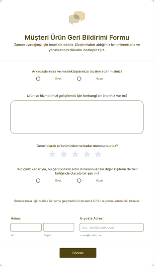 Müşteri Ürün Geri Bildirimi Form Template